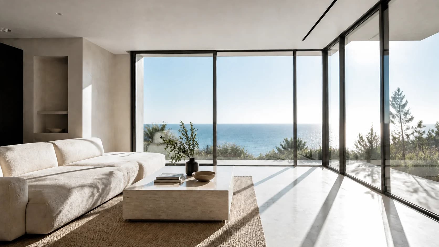 Neutral-toned Costa del Sol living room with untreated glazing and strong afternoon glare