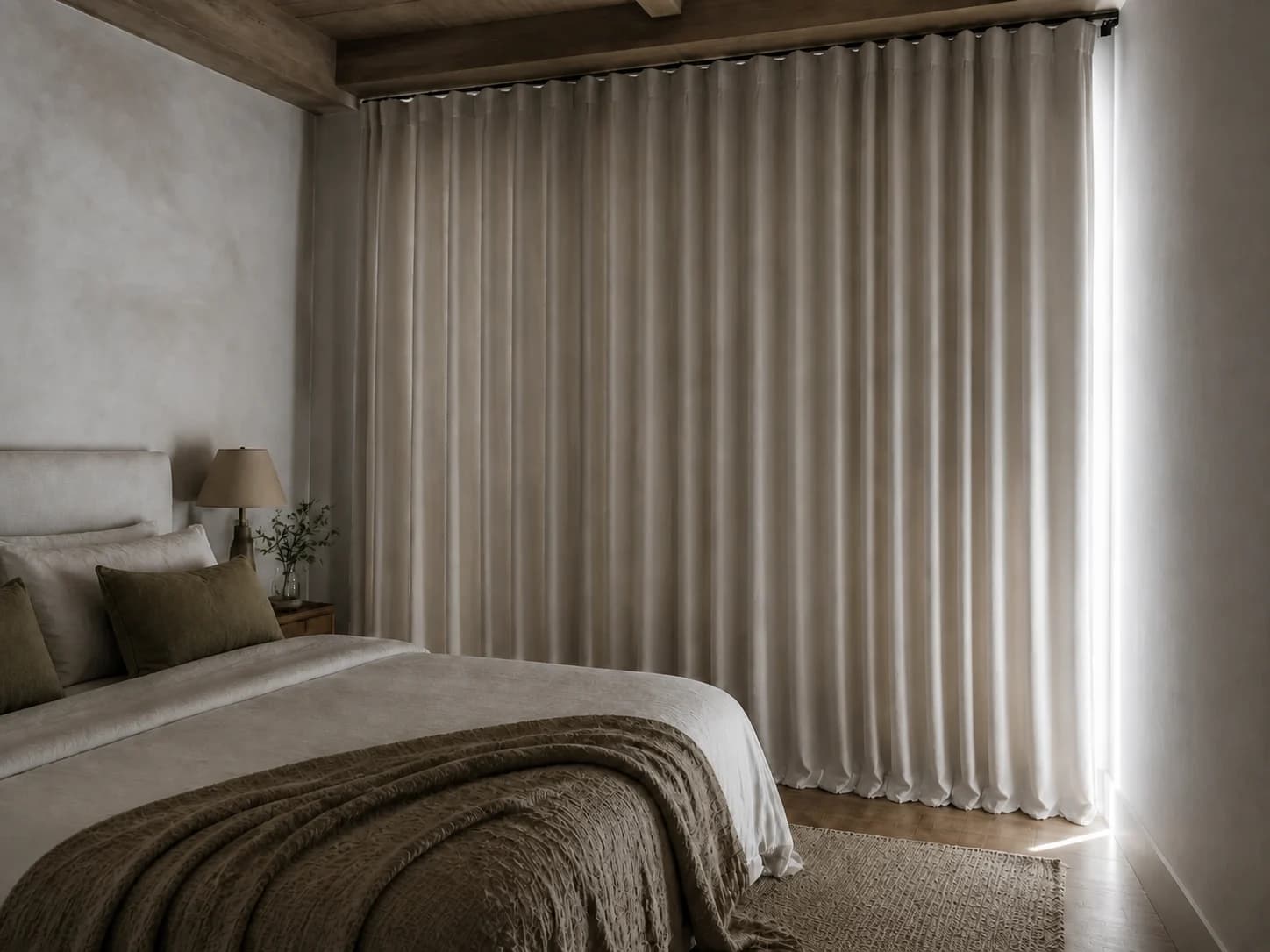 Townhouse bedroom with a fully drawn blackout curtain layer