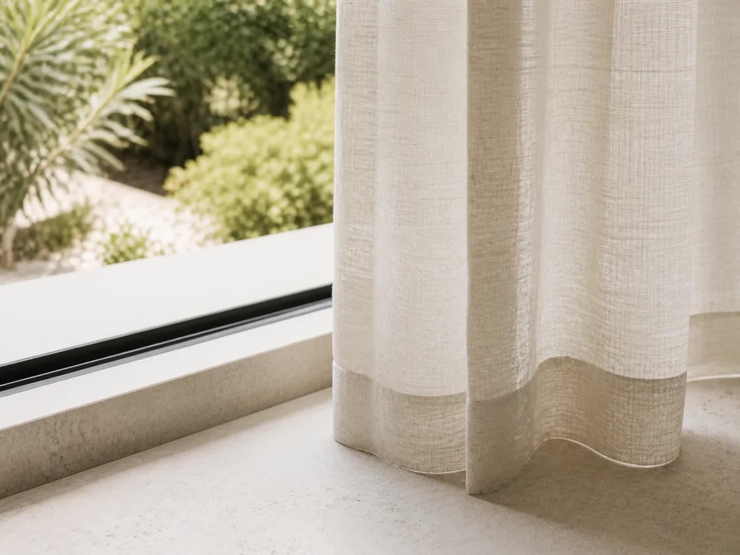 Natural sheer curtain hem beside an Estepona terrace threshold