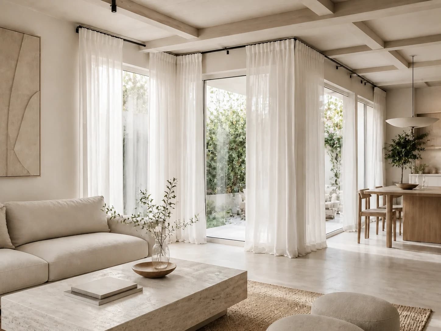 Estepona townhouse living room unified by full-height wave sheers