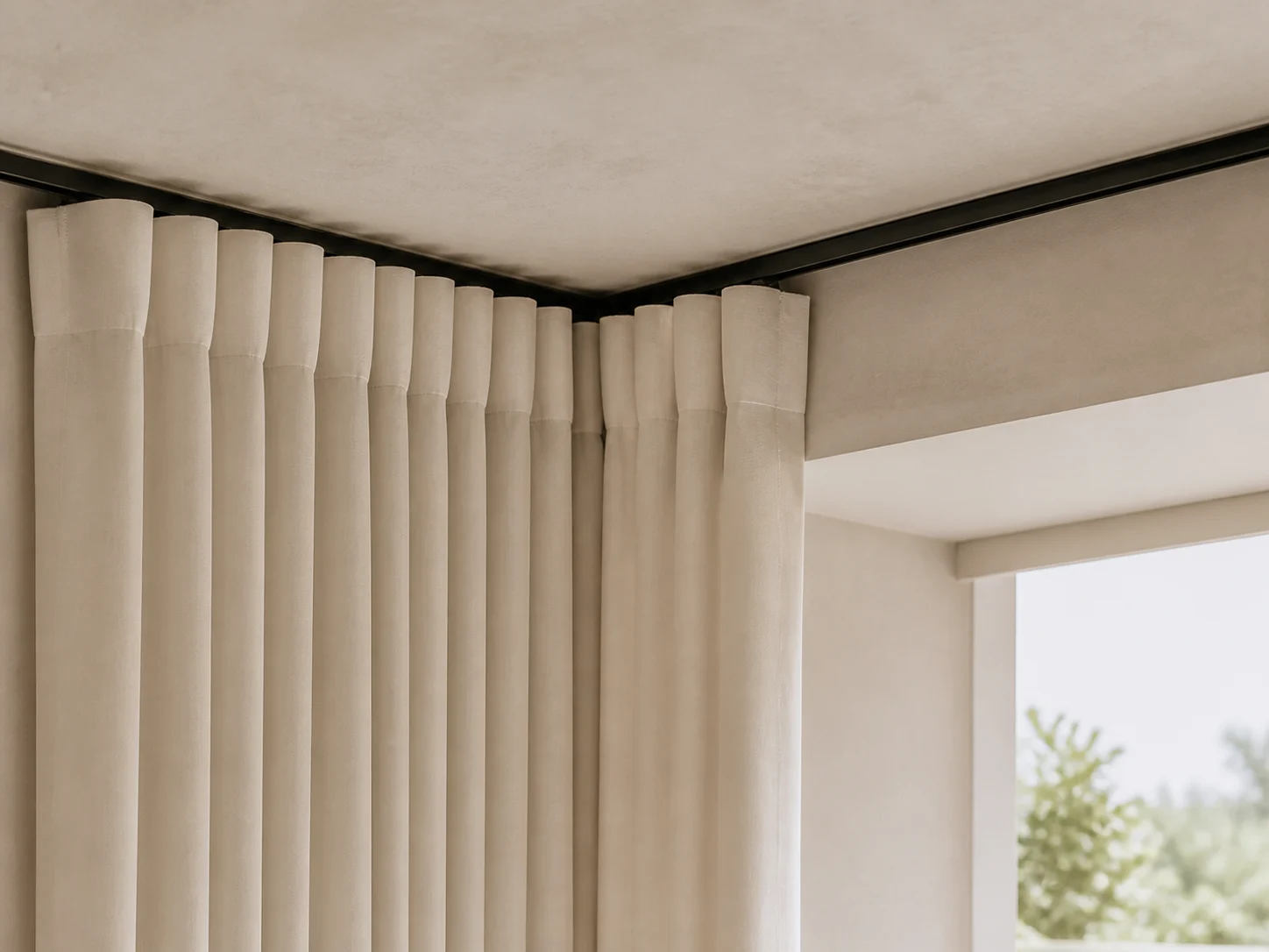 Even wave curtain headings following a townhouse corner track