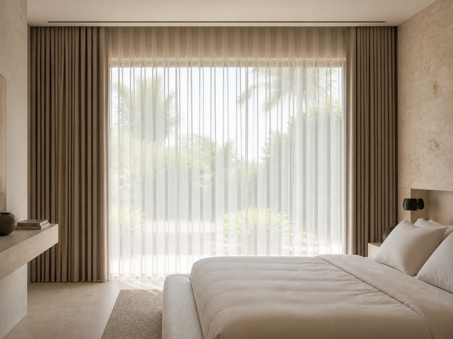 Villa bedroom with floor-length ivory sheers and mushroom blackout curtains